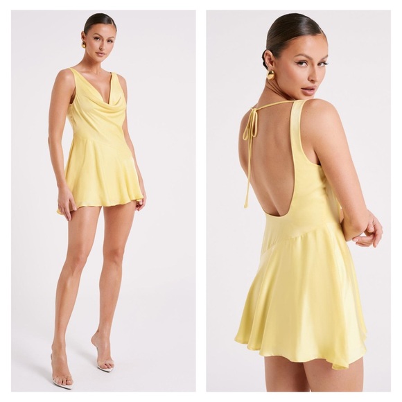 Meshki Dresses & Skirts - Meshki Alyce Satin Cowl Micro Mini Dress Butter Yellow Lightweight Sexy Silky